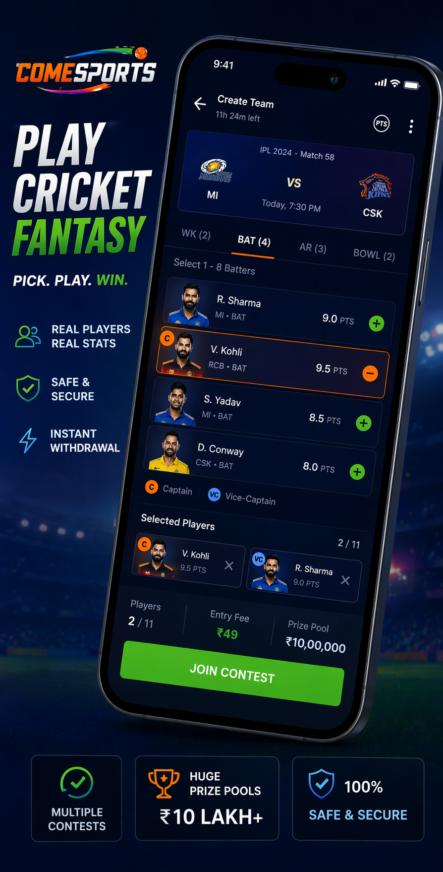 Comesports cricket fantasy visual