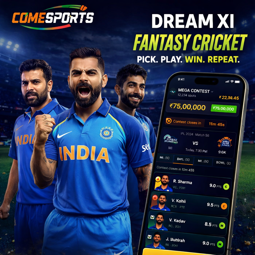Come Sports fantasy cricket and India team visual